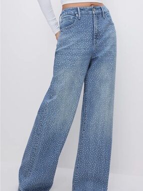 Good American Light Blue Rhinestone Wide Leg Jeans